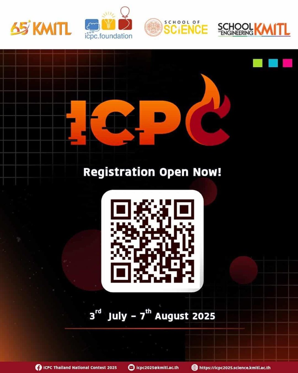 kanzaki_aito's tweet image. #ICPC2025

📣 เริ่มแล้ว! กับ ICPC Thailand 2025 🚀

การแข่งขัน Programming ที่ยิ่งใหญ่ที่สุดในระดับมหาวิทยาลัย โดยปีนี้ ทาง สจล. ได้เป็นเจ้าภาพจัดการแข่งขัน ในวันที่ 6-7 กันยายน 2568

🗓️ รับสมัครตั้งแต่วันนี้ - 7 ส.ค.
📍สมัครทาง forms.gle/YiFe8Dcxcgui88… หรือสแกน QR ได้เลย!