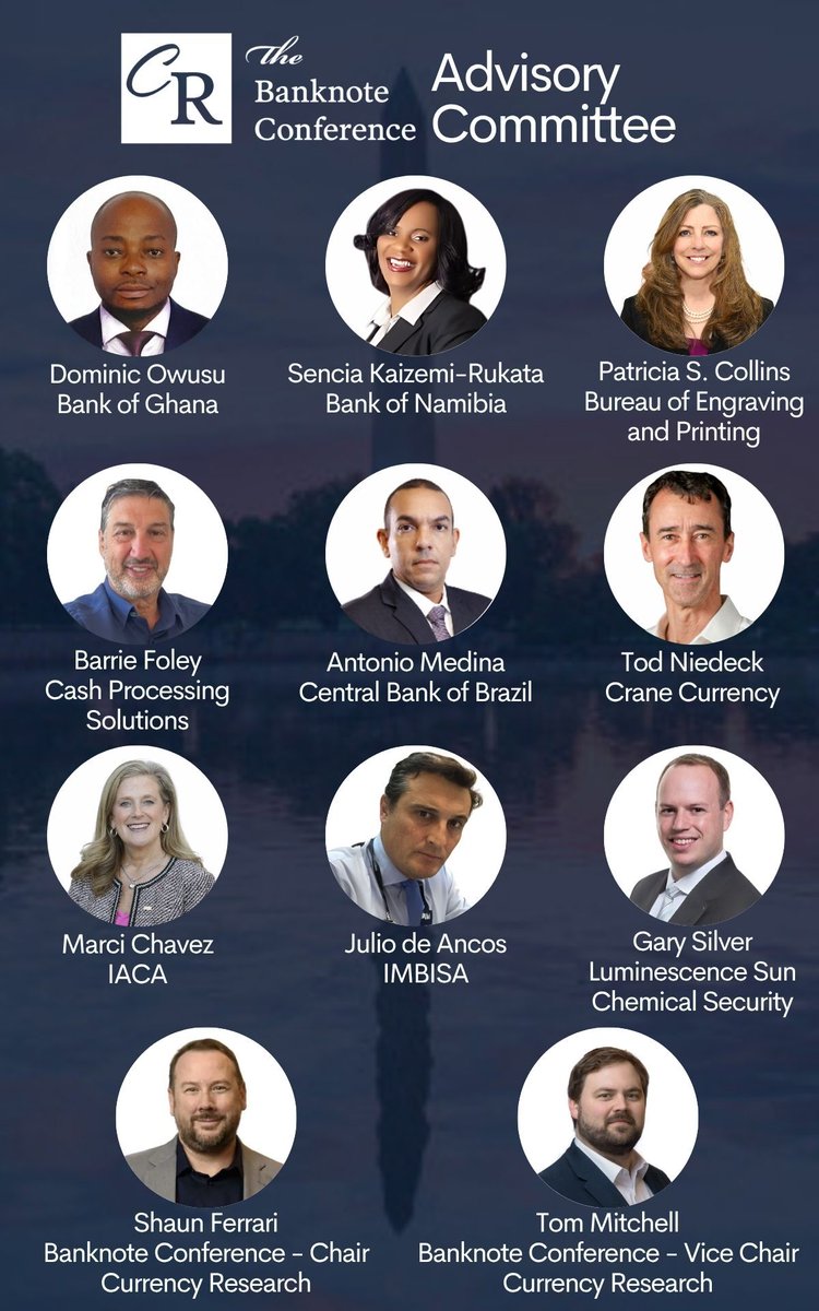 CurrencyResearc's tweet image. 👥 Great minds. Global vision. One mission.

Meet the Advisory Committee shaping #BanknoteConference 2026—leaders from central banks &amp;amp; industry driving the future of cash.

🧠 Join us in DC, May 11–14, 2026.
🔗 Register: hubs.li/Q03wqJy90
#CurrencyExperts #FutureOfMoney