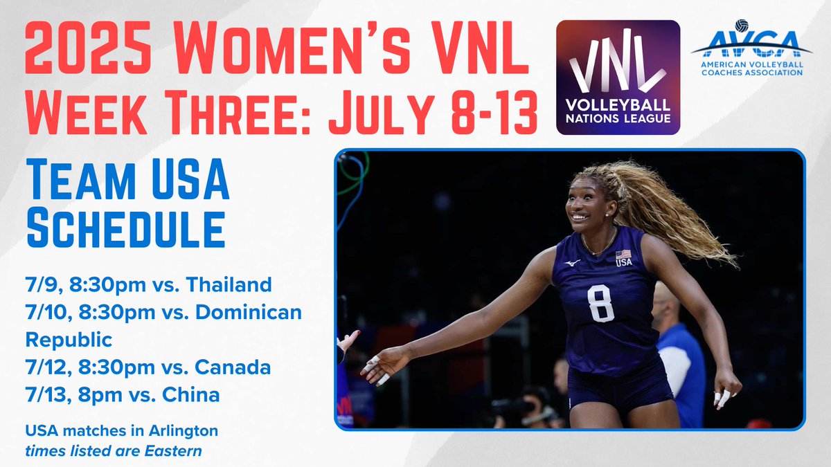 AVCAVolleyball's tweet image. The final round of Volleyball Nations League pool play is underway, and the @usavolleyball women open tonight in Arlington, TX. Limited tickets are still available.
Check out the USA’s Week Three matches on VBTV and @CBSSports.
en.volleyballworld.com/volleyball/com…
#WeAreAVCA #VNL2025