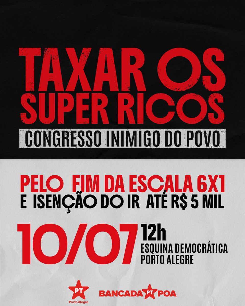 VAI TER URNAS DO #plebiscitopopular2025 dia 10, ao Meio Dia na Esquina Democrática em Porto Alegre. 5 MIL ISENTADO  RICO TRIBUTADO! Vai lá e vota SIM pra Isenção de IR pra quem Ganha até 5 Salários Mínimos e SIM pela Redução da Jornada de Trabalho sem Redução de Salário.