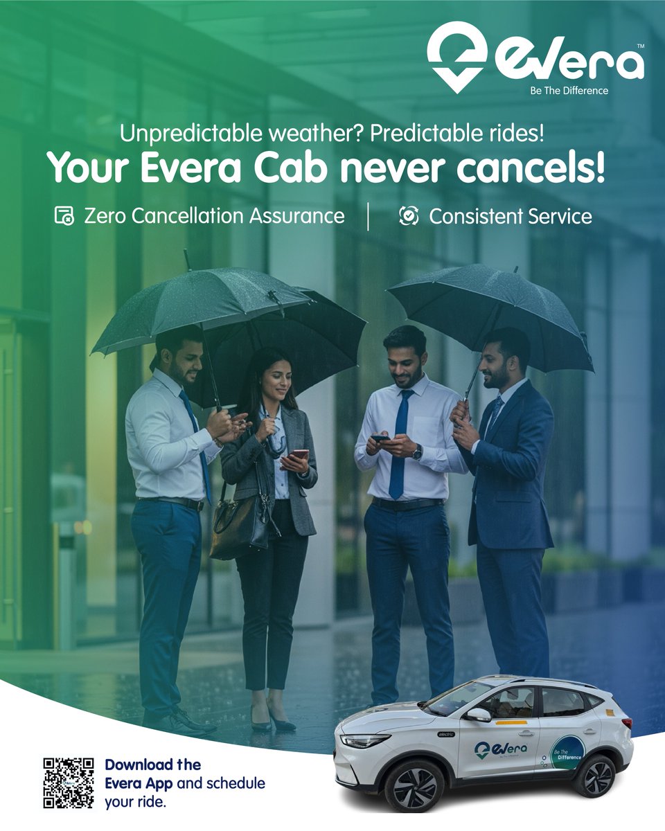 <a href="/everacabs/">Everacabs</a> rides never cancel, even in unpredictable weather!

Zero Cancellation Assurance ensures your ride arrives.

✅ Booked? It’s on.
✅ Raining? Still on.

📲 Download app &amp; schedule: qrcodes.pro/2g0L5e

#NoCancel #EveraRides #EVForChange #MonsoonCommute