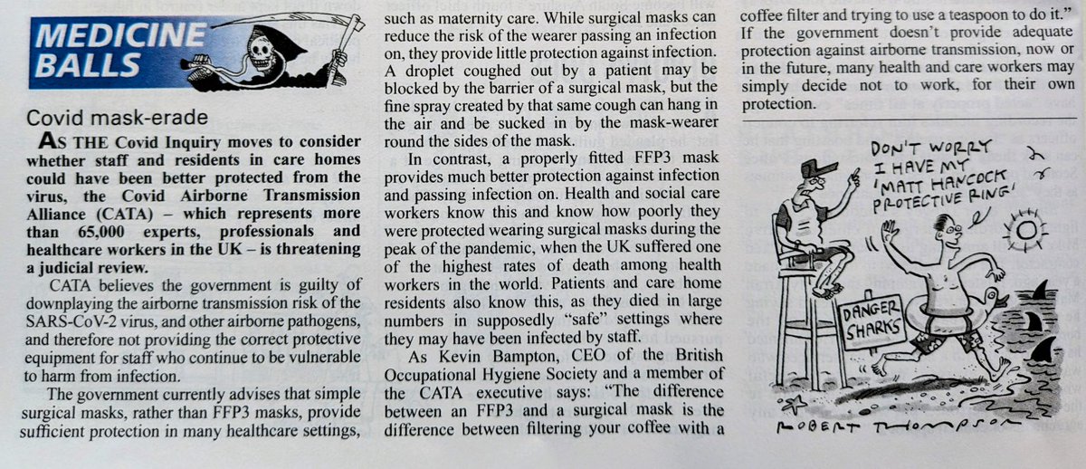Today's Private Eye:
Covid Airborne Transmission Alliance, "CATA believes the government is guilty of downplaying the airborne transmission risk of SARS-CoV-2 virus, and other airborne pathogens, therefore not providing the correct protective equipment for staff".
FFP3s needed.