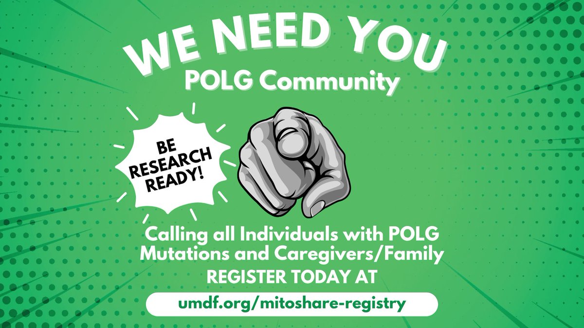 UMDF's tweet image. To individuals and families in the POLG community -- we need you to join mitoSHARE! A natural history study is launching THIS YEAR for individuals with #mitochondrialdisease caused by POLG mutations. Be #researchready and join today: umdf.org/mitoshare-regi…
#POLG #mito