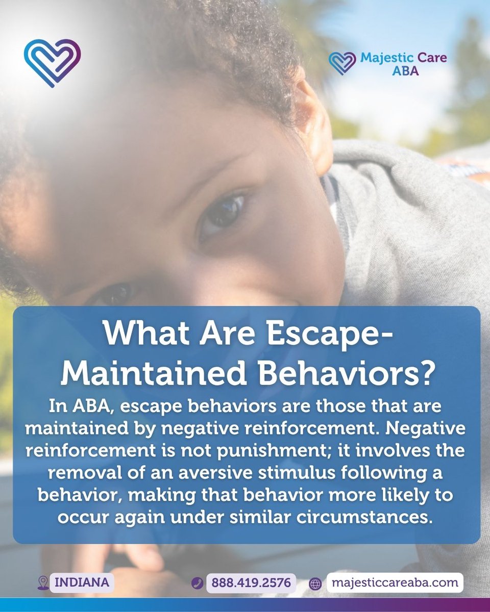 Majesticcareaba's tweet image. What Are Escape-Maintained Behaviors?
🏃‍♂️ Some behaviors happen because the child wants to avoid something. ABA identifies these patterns to teach better ways to cope or communicate.

#UnderstandingBehavior #ABAinsights