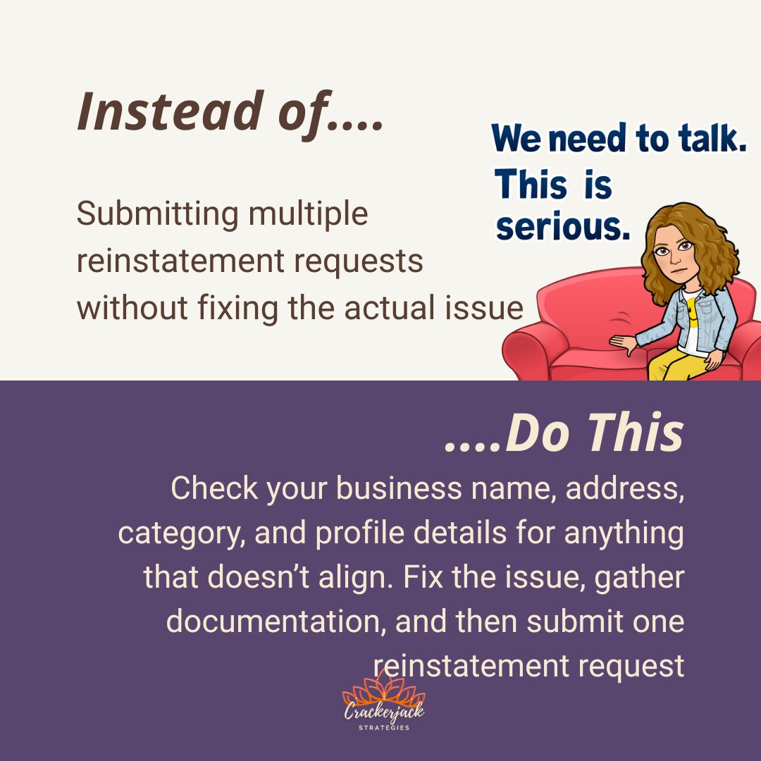 CrackerjackStr's tweet image. Did Google suspend your business profile? Fix your business information to match your legal business documentation. Then submit one reinstatement request.

📍Need help? Let&apos;s connect for a consultation

#CrackerjackStrategies #GoogleSuspensionHelp #LocalSEO #SmallBusinessSupport