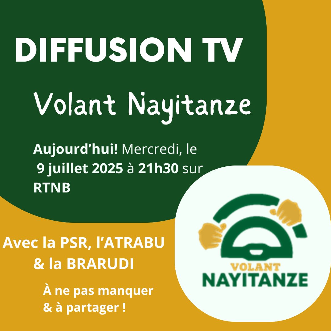 Dans le cadre de la campagne de sensibilisation Volant Nayitanze, une émission spéciale en Kirundi sera diffusée ce mercredi.

🎤 Avec la participation du :
Commandant de la Police Spéciale de Roulage (PSR)
Directeur Général de l’ATRABU (Association des Transporteurs du Burundi)