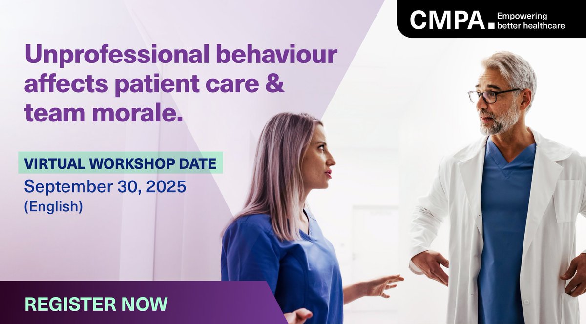 CMPAmembers's tweet image. Healthcare leaders: Join CMPA’s Managing Unprofessional Behaviour workshop. Get actionable strategies &amp;amp; proven tools to handle this challenging situation. 

Register today: ow.ly/3Mvi50VwS16 

#Ptsafety #MedEd #CPD