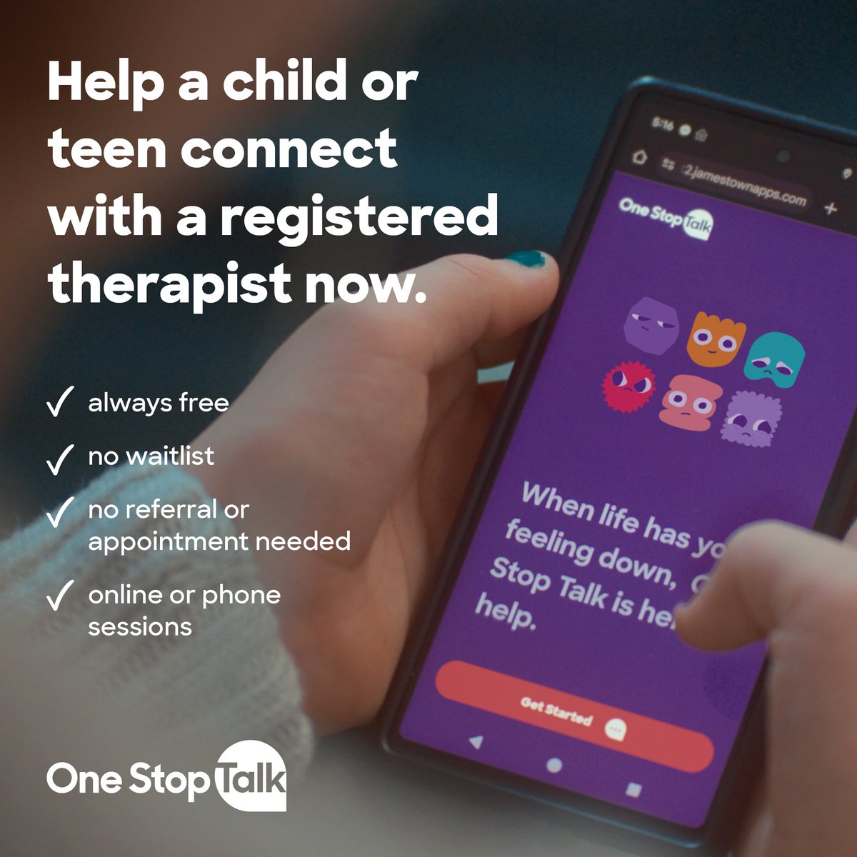 ROCK is a proud partner of @onestoptalkontario, a free, confidential service connecting children and youth under 18 with registered therapists right when they need it the most.

Call 1-855-416-TALK (8255) or visit onestoptalk.ca