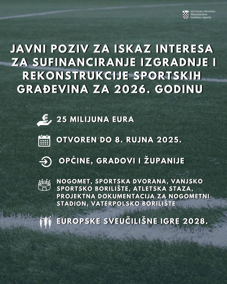Ministarstvo turizma i sporta (@mintsrh) on Twitter photo Ministar <a href="/TonciGlavina/">Tonči Glavina</a> danas je predstavio Javni poziv za iskaz interesa za sufinanciranje izgradnje i rekonstrukcije sportskih građevina u 2026. godini i prvi Program razvoja i potpore sustavu sporta u ekipnim sportovima.
🔗: tinyurl.com/ywbx7pjz Ministar <a href="/TonciGlavina/">Tonči Glavina</a> danas je predstavio Javni poziv za iskaz interesa za sufinanciranje izgradnje i rekonstrukcije sportskih građevina u 2026. godini i prvi Program razvoja i potpore sustavu sporta u ekipnim sportovima.
🔗: tinyurl.com/ywbx7pjz