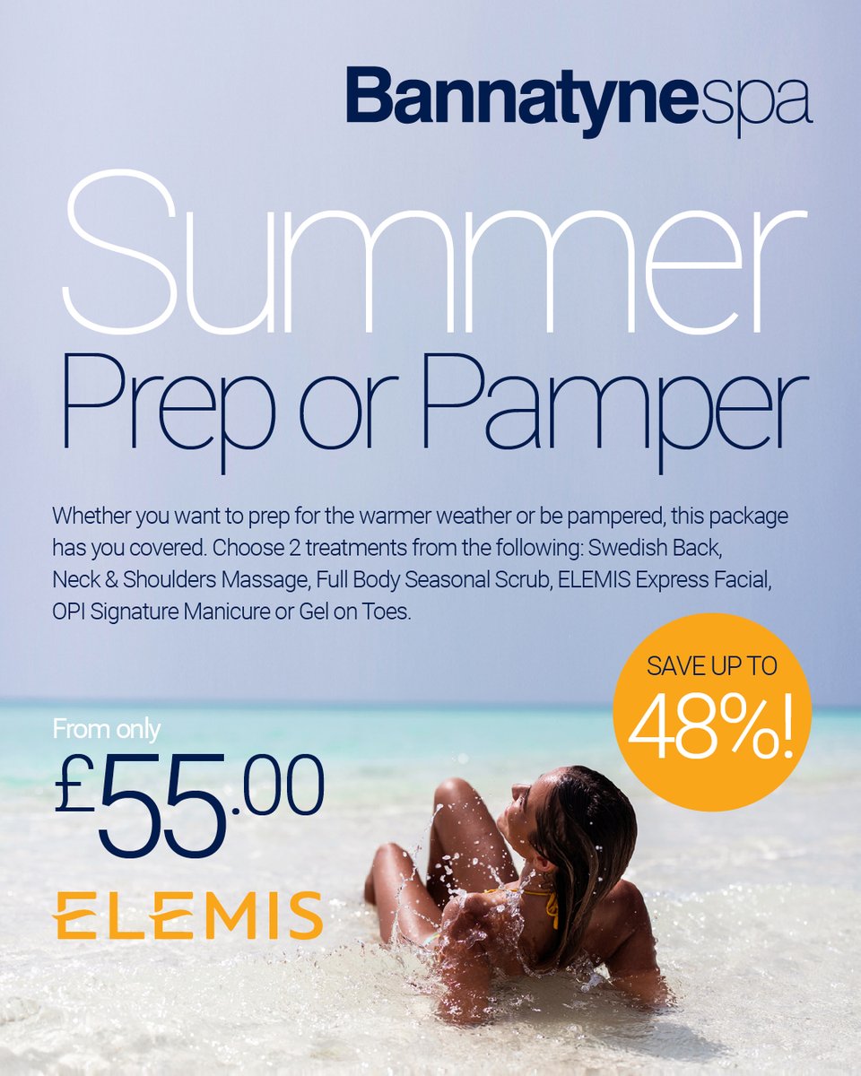 Take advantage of the Bannatyne Spa Summer Prep or Pamper offer!

Whether you want to prep for the warmer weather or be pampered, this package
has you covered. Choose 2 treatments from the following: Swedish Back,
Neck &amp; Shoulders Massage, Full Body Seasonal Scrub, ELEMIS Express