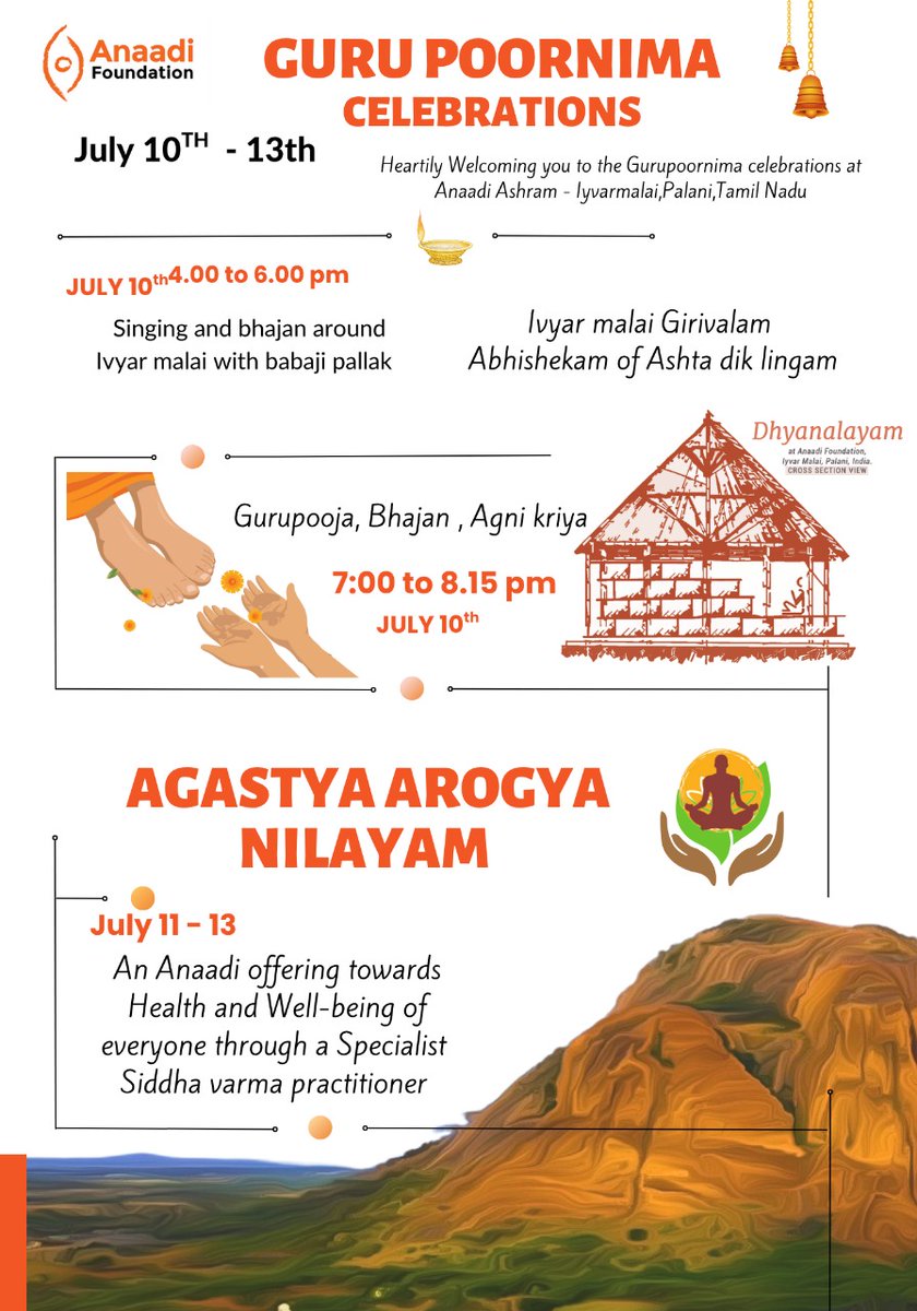 🌕 Guru Poornima Celebrations at Anaadi Ashram 🌕
July 10–13, Palani

Join us for bhajans, padayatra, satsang, cultural programs, and special sadhana initiations.

Launching ✨ Agastya Arogya Nilayam,  Siddha Varma Healing 

All are welcome! 🙏