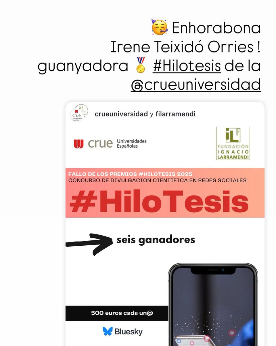 🙌 Celebració a l’Escola de Doctorat 
La #doctoranda Irene Teixidó Orries, guanya un dels 6 premis al concurs nacional de la CRUE
🏅#Hilotesis2025
#Comunicaciócientífica
#Doctoraltraining
ℹ️ doctorat.udl.cat/ca/formacio-in…