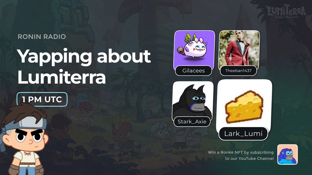 With all the Lumi yapping on X, it's only right that we at Ronin Radio, seasoned yappers, join the fun. 📢

This is why we're having <a href="/Lark_Lumi/">Lark</a> on Ronin Radio!
To share his vision for <a href="/LumiterraGame/">Lumiterra</a>, their achievements so far, and much more. 

Join us Tomorrow July 10, at 1:00 PM