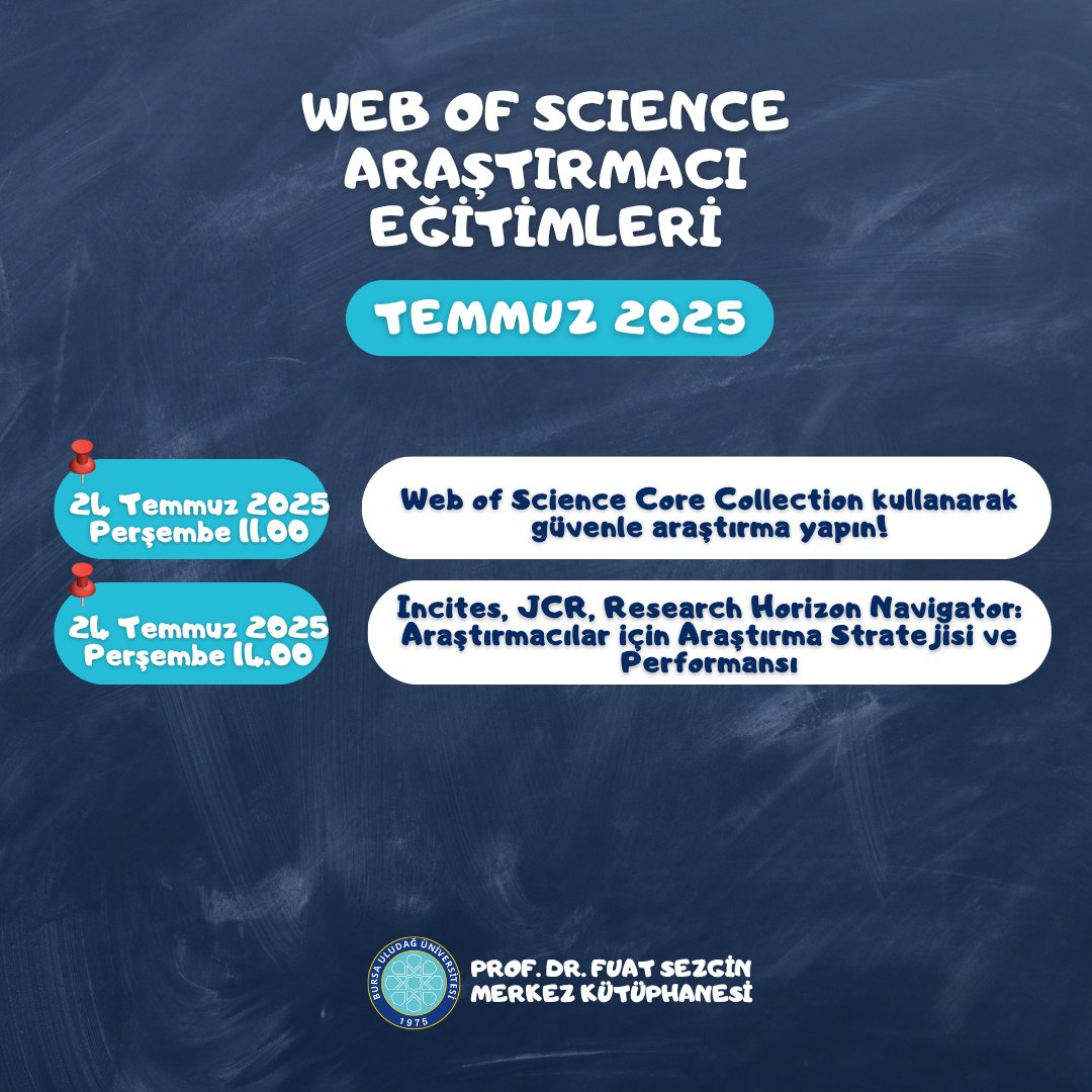 🤓  Web of Science 2025 yılı Temmuz ayı Araştırmacı Eğitimlerini Takviminize Not Edebilirsiniz!  
🖱  Detaylı bilgi ve kayıt için aşağıdaki linkten yardım alabilirsiniz!
uludag.edu.tr/tr/kutuphane/w…
#uludagkutuphane
#kutuphanesizeyeter
#ekaynaklar
