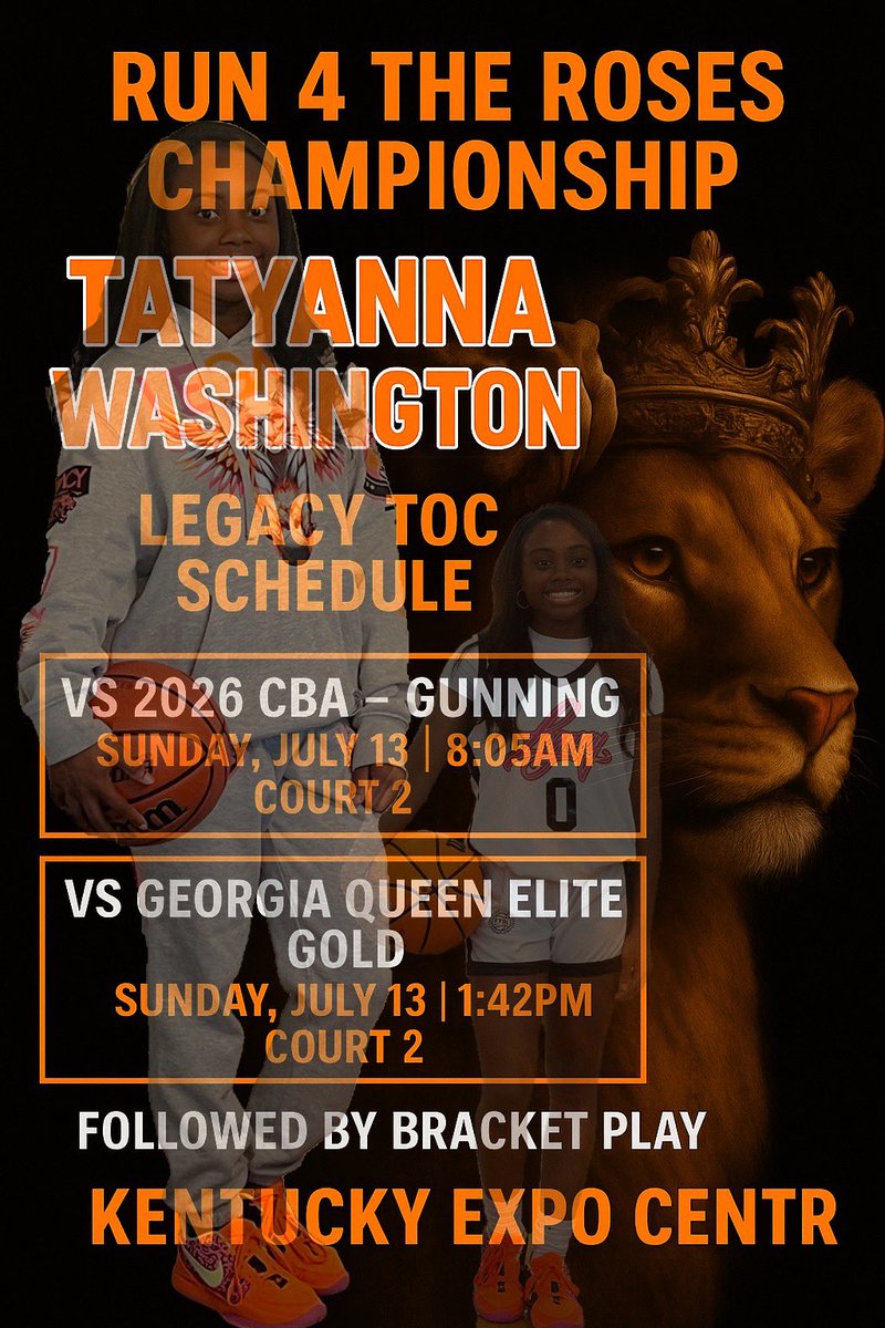 Tatyanna Washington (@risingstartati) on Twitter photo Come check me and my squad at the Run 4 The Roses Championship! 🏀✨
Court 2 — first game at 8:05 AM, second at 1:42 PM on July 13th. Bracket play after.
Good vibes, big energy. Let’s go! 🤍 #Run4TheRoses #LegacyTOC #ClassOf2026 <a href="/_BlakeDerrick/">Blake Derrick</a> <a href="/coachcbsr/">Coach Corey Brabham Sr.</a> <a href="/Coach_DAcree/">CoachAcree</a> Come check me and my squad at the Run 4 The Roses Championship! 🏀✨
Court 2 — first game at 8:05 AM, second at 1:42 PM on July 13th. Bracket play after.
Good vibes, big energy. Let’s go! 🤍 #Run4TheRoses #LegacyTOC #ClassOf2026 <a href="/_BlakeDerrick/">Blake Derrick</a> <a href="/coachcbsr/">Coach Corey Brabham Sr.</a> <a href="/Coach_DAcree/">CoachAcree</a>