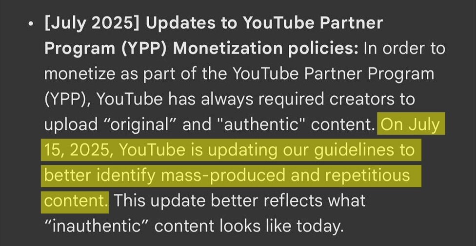🚨 YouTube Update 🚨
YouTube just announced changes to monetization around "unoriginal content."

I'm seeing A LOT of confusion about what this really means.

Here's what’s ACTUALLY changing 👇

• No new rules - definitions of "repetitive" &amp; "reused" content remain the same as
