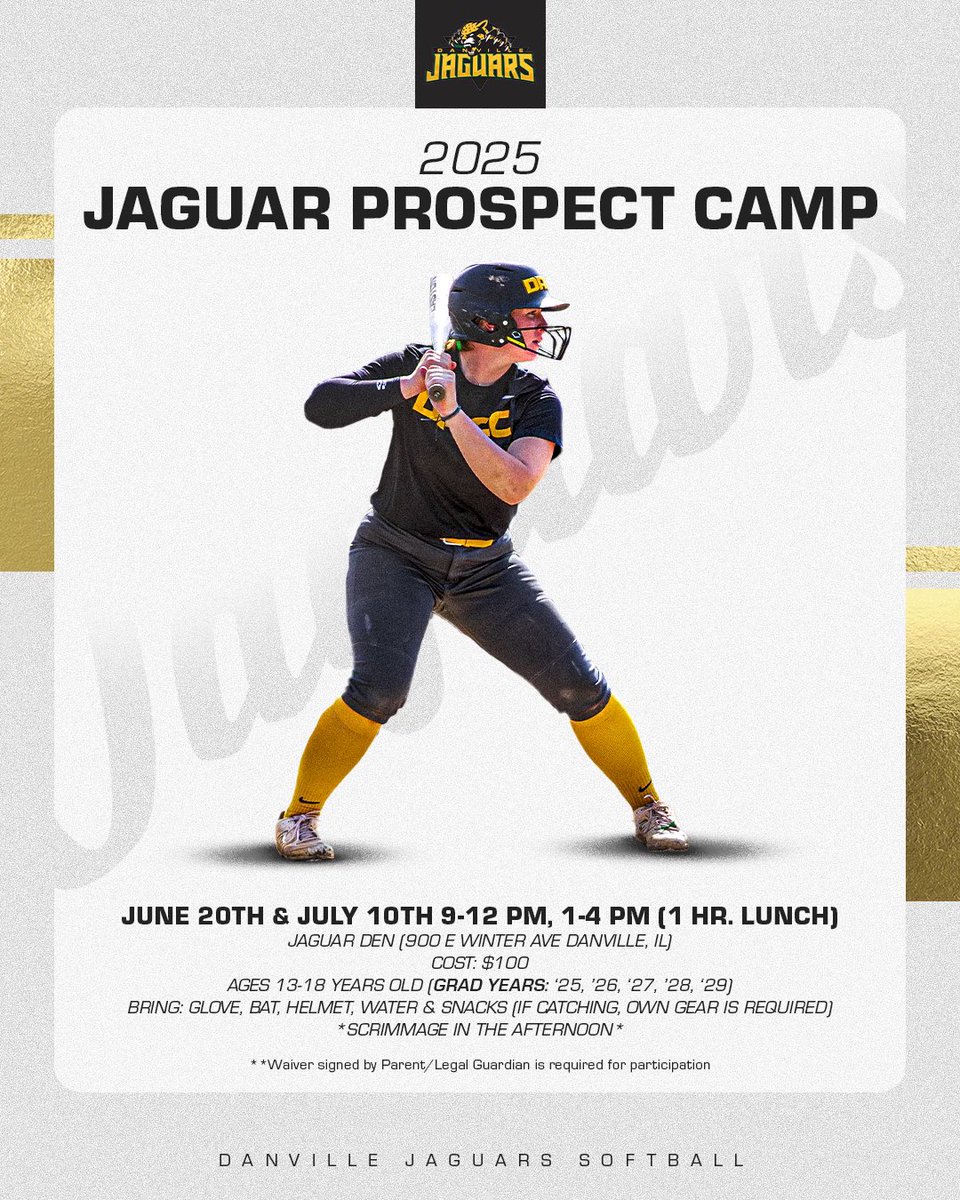 Camp next two days!! We are excited to see everyone!! 

Day 1 Today: July 9th - Junior Jaguars! Check In 10:30 

Day 2 Tomorrow: July 10th Elite Prospect! Check In 8:30! 

Let’s get better and grow the game!