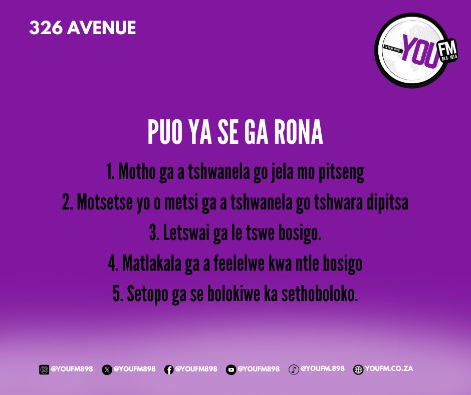 #PuoYaSeGaRona| Today, we look at  "Meila Ya Setswana" Do you know what the following means? Send your voice notes to 076 260 2815.
#326Avenue.
