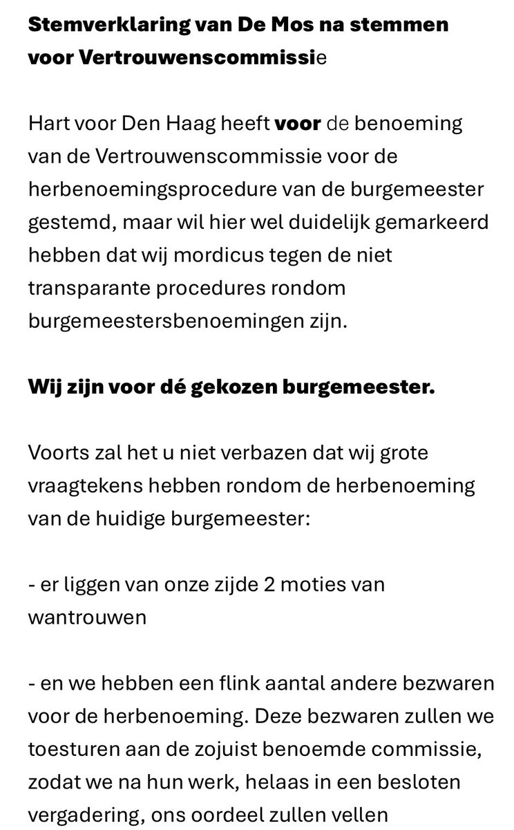 Onze stemverklaring inzake het benoemen van de Vertrouwenscommissie rondom de herbenoemingsprocedure van burgemeester Jan van Zanen. 👇