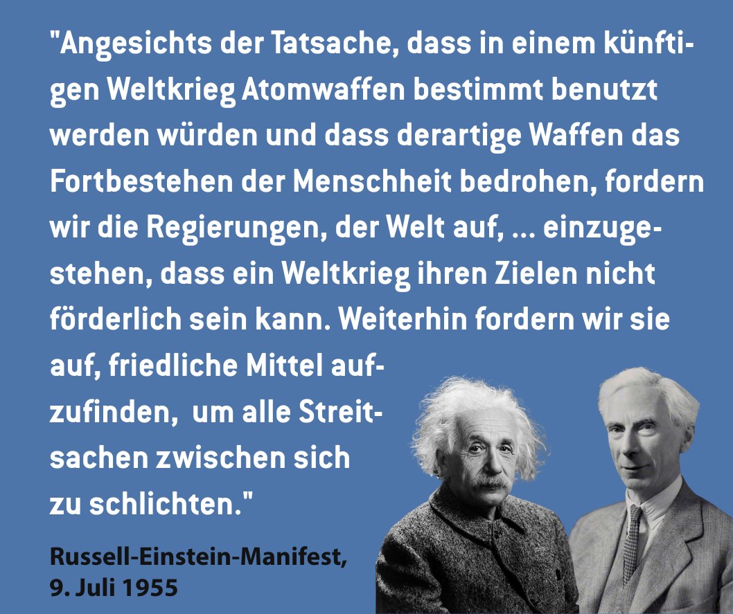 IPPNWgermany's tweet image. Heute vor 70 Jahren: Der Philosoph & Mathematiker Bertrand Russell stellt ein Statement zu den Gefahren von Atomwaffen vor, das als Russell-Einstein-Manifest in die Geschichte eingeht. Es wurde von elf prominenten Wissenschaftlern unterzeichnet, neun von ihnen Nobelpreisträger.