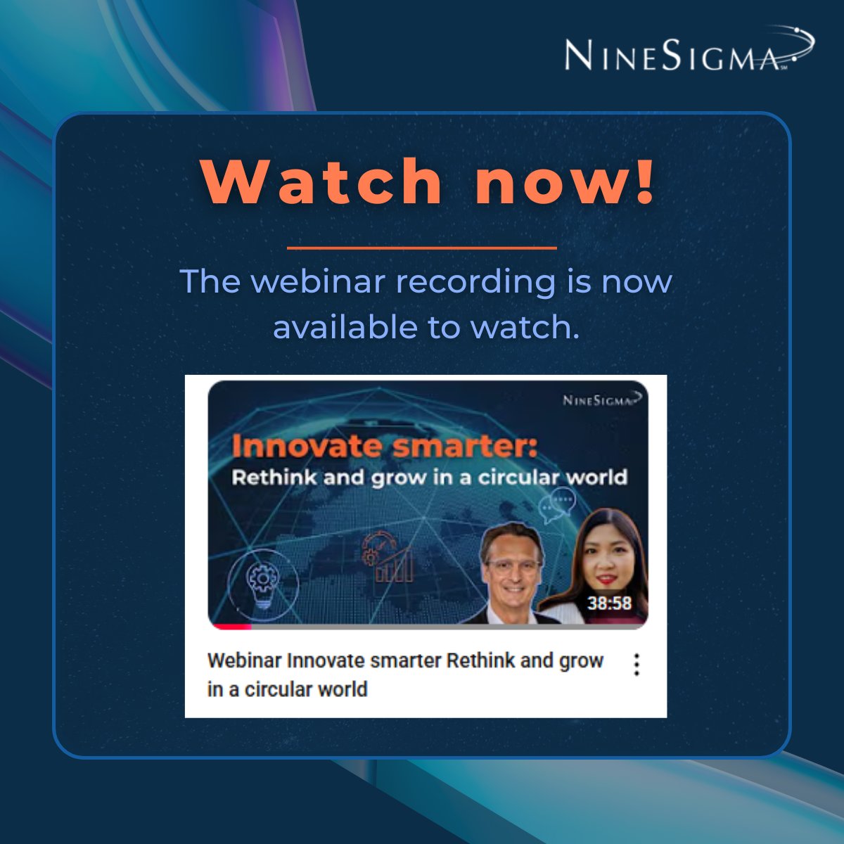 Missed our recent webinar?
Watch full recording here: hubs.li/Q03wqN_60

#Innovation #CircularEconomy #Sustainability #OpenInnovation #BusinessGrowth #Webinar #Technology #NineSigma