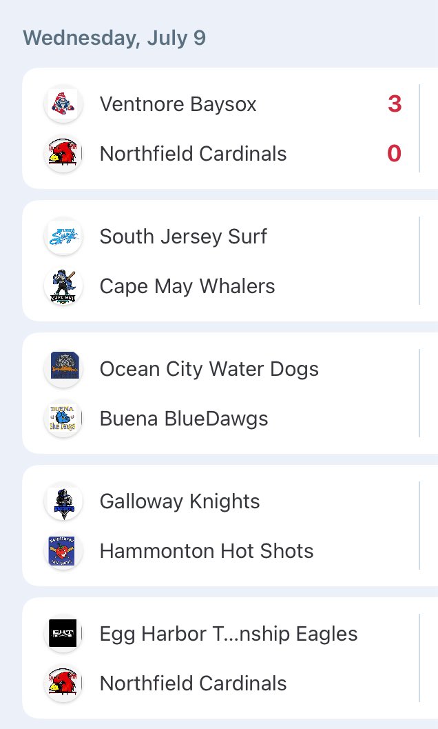 sjssbl's tweet image. Tonight's Games: 
Ventnor at Cards start is 6PM continuation Game in the bottom of the 2nd.  EHT at Cards will start after.