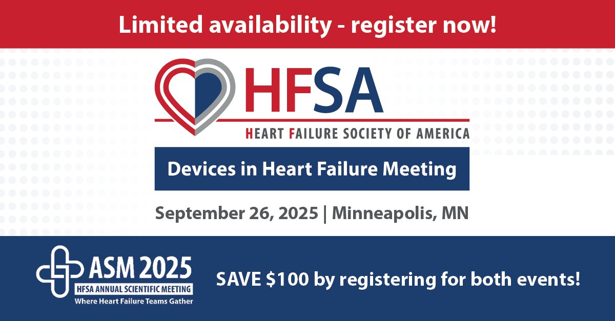 HFSA's tweet image. The HFSA Devices in Heart Failure Meeting: Mechanisms & Implementation is back! With limited availability, register now and save your spot to dive deep into the latest science, technology, and strategies shaping device-based care!
💡 Planning to attend #HFSA2025 too? Save $100…