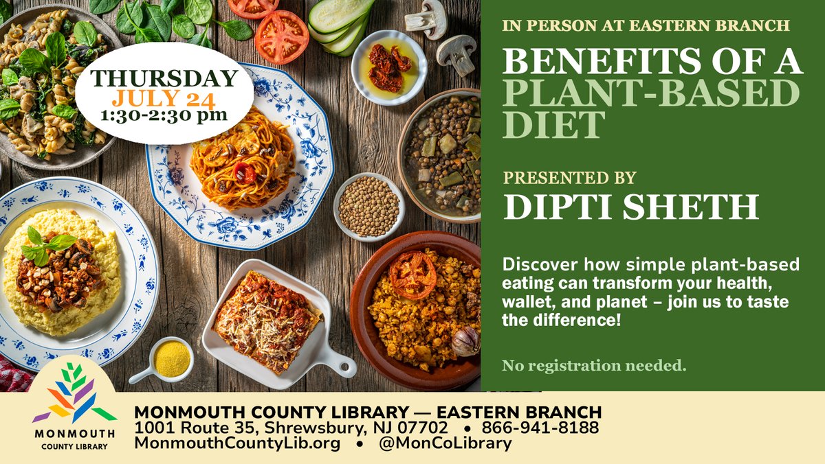 Join us for an informative presentation exploring the potential impacts of plant-based eating on health, finances, and the environment.

#monmouthcountylibrary #moncolibrary #plantbaseddiet #healthandwellnesstalk #sustainabilitydiscussion