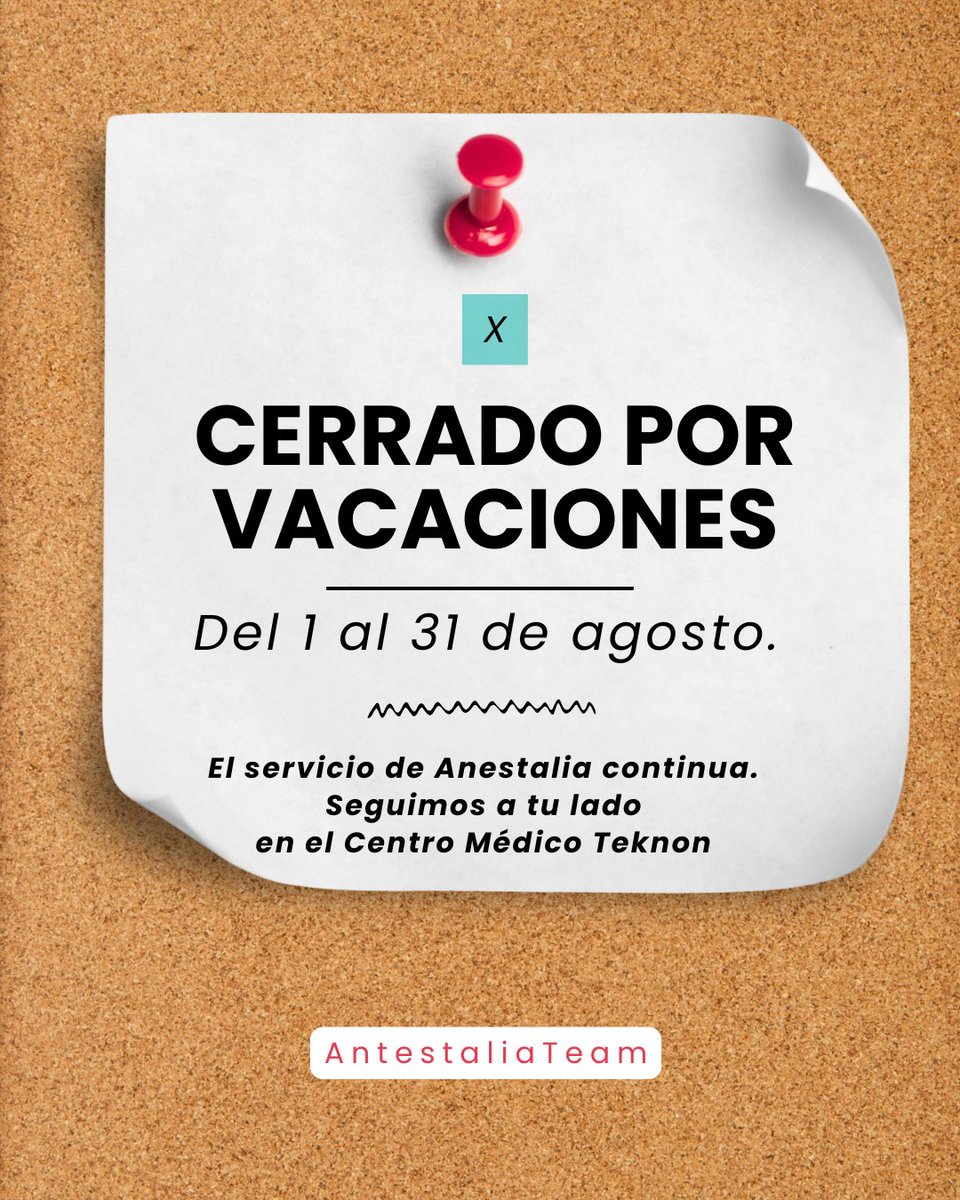 🏖️Del 1 al 31 de agosto, cerramos nuestras redes sociales por vacaciones, pero el equipo de #Anestalia continua de forma ininterrumpida.
👐 Seguimos a tu lado en el <a href="/Clinica_Teknon/">Centro Médico Teknon</a> 
☀️ ¡Nos vemos en septiembre con las energías renovadas! ¡Feliz verano!