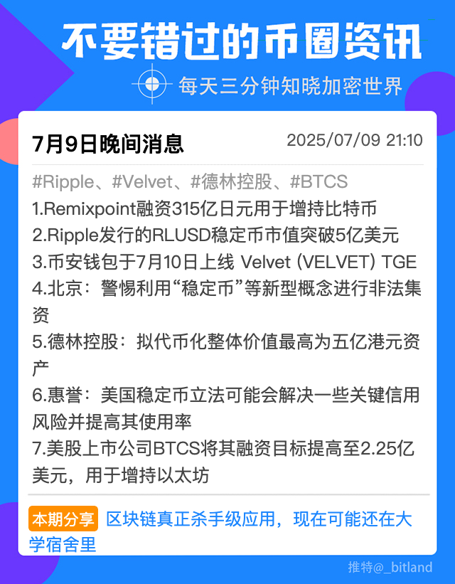 _bitland's tweet photo. 【7月9日晚间不要错过的币圈消息】
#Ripple、#Velvet、#德林控股、#BTCS 
1.Remixpoint融资315亿日元用于增持比特币 
2.Ripple发行的RLUSD稳定币市值突破5亿美元 
3.币安钱包于7月10日上线 Velvet (VELVET) TGE 
4.北京：警惕利用“稳定币”等新型概念进行非法集资 
5.德林控股：拟代币化整体价值最高为五亿港元资产 
6.惠誉：美国稳定币立法可能会解决一些关键信用风险并提高其使用率 
7.美股上市公司BTCS将其融资目标提高至2.25亿美元，用于增持以太坊
