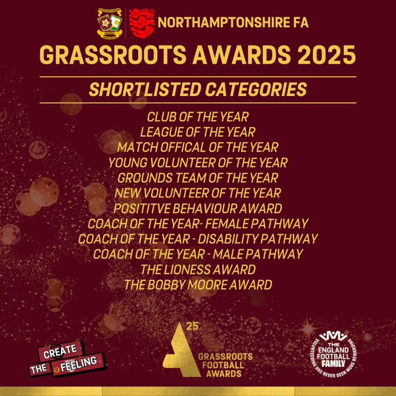 NorthantsFA's tweet photo. The categories for the 2025 Northamptonshire FA grassroots awards 🌟
Stay tuned all evening to find out the shortlisted nominees for every one of the 12 categories!⚽
#createthefeeling https://t.co/1lspRnEJGE