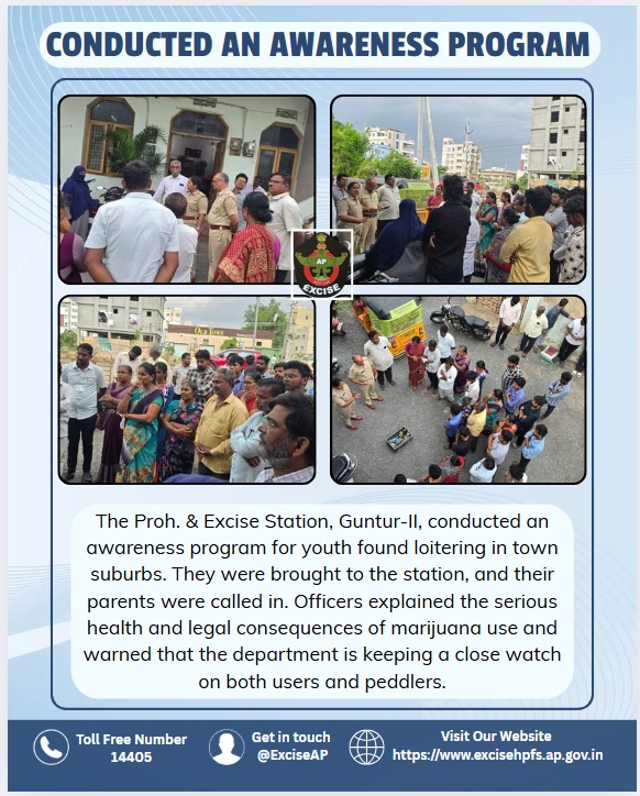 exciseAP's tweet image. 🛑 Guntur-II Proh. &amp;amp; Excise Station conducted an awareness drive for youth found loitering in town suburbs.
Parents were called; officers explained the legal &amp;amp; health risks of marijuana use.
⚠️ Strict watch being maintained on users &amp;amp; peddlers.
#DrugFreeGuntur #ExciseAwareness
