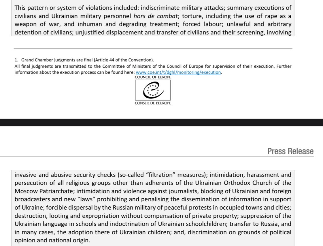 DecodingTrolls's tweet image. ⚡️Highest Court in Europe Judges Russia violated 10 Human Rights Articles of ECHR in Ukraine.

European Court of Human Rights held unanimously that, in
respect of the conflict in Ukraine between 11 May 2014 – when the hostilities started – and 16
September 2022 – when Russia…