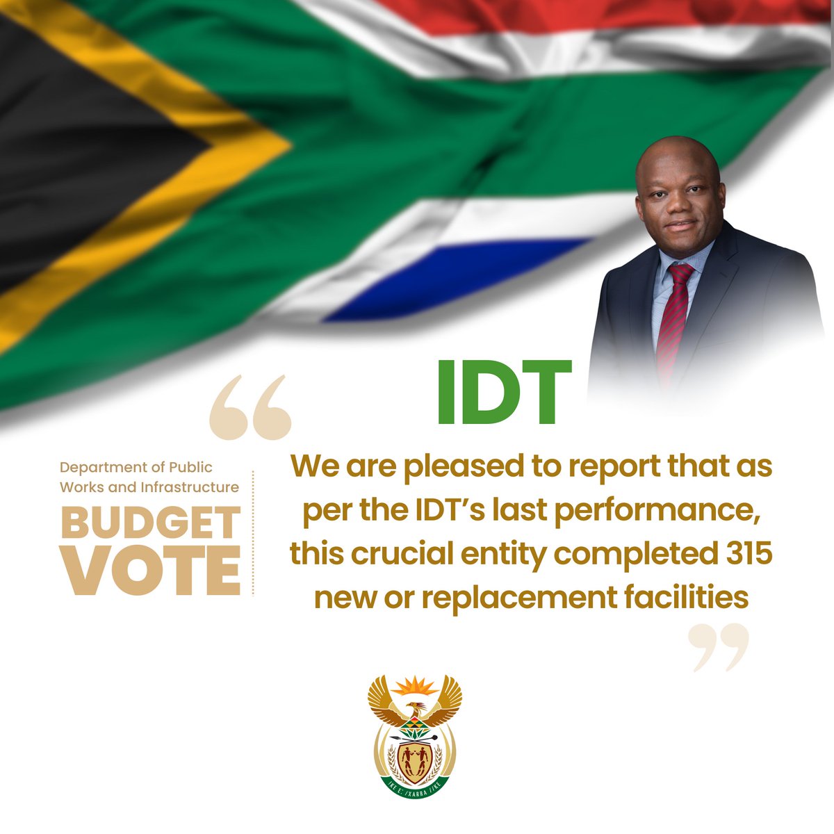 We are pleased to report that as per the IDT’s last performance, this crucial entity completed 315 new or replacement facilities, benefiting mostly women, youth and people with disability.  #BudgetVote2025