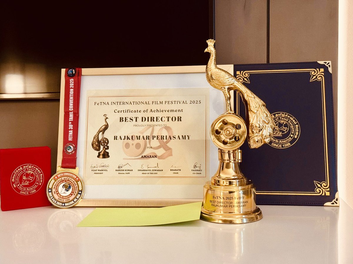 Rajkumar Periasamy (@rajkumar_kp) on Twitter photo Thank you <a href="/FeTNAFeIFF/">FeIFF - FeTNA International Film Festival</a> <a href="/FeTNA/">FeTNA FeTNA</a> for conferring the Best Director award upon me for #அமரன் I thank the Federation of Tamil Sangams of North America, the jury, the Tamil diaspora in North America and the entire cast and crew of #Amaran
#MajorMukundVaradarajan <a href="/ikamalhaasan/">Kamal Haasan</a> sir Thank you <a href="/FeTNAFeIFF/">FeIFF - FeTNA International Film Festival</a> <a href="/FeTNA/">FeTNA FeTNA</a> for conferring the Best Director award upon me for #அமரன் I thank the Federation of Tamil Sangams of North America, the jury, the Tamil diaspora in North America and the entire cast and crew of #Amaran
#MajorMukundVaradarajan <a href="/ikamalhaasan/">Kamal Haasan</a> sir