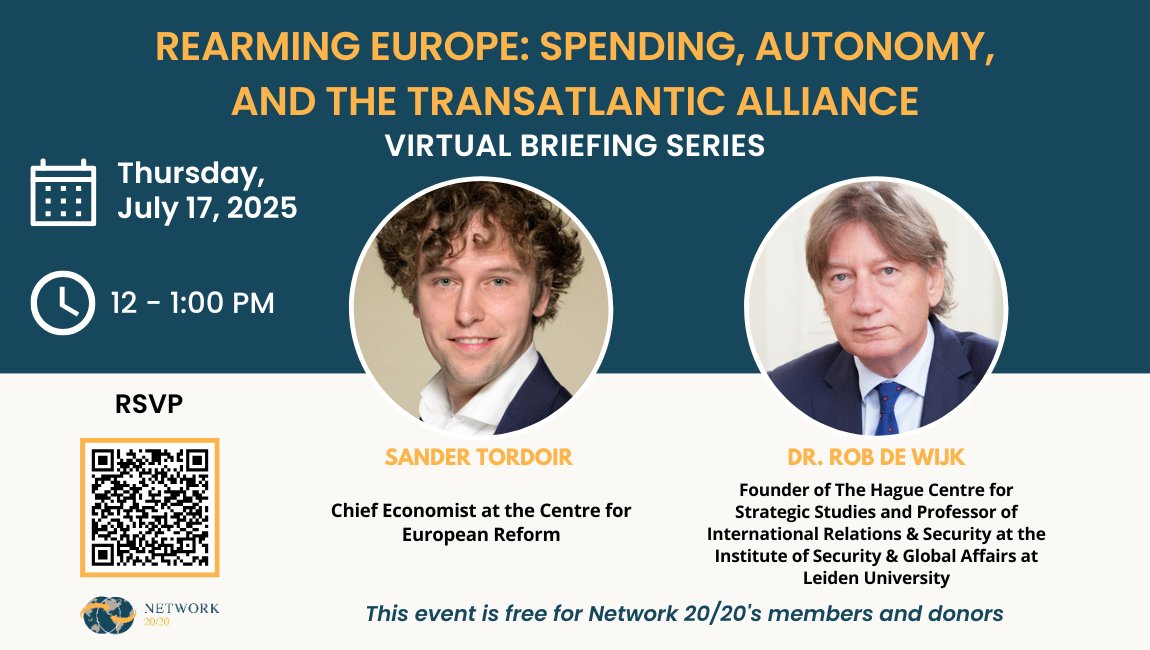 Network 20/20 (@network2020) on Twitter photo Join us for a discussion on #EuropeanDefense & #TransatlanticSecurity with Dr. <a href="/robdewijk/">rob de wijk</a> founder of
<a href="/hcssnl/">HCSS - The Hague Centre for Strategic Studies</a> and professor at <a href="/ISGA_Hague/">ISGA The Hague</a> <a href="/UniLeiden/">Universiteit Leiden</a>; and <a href="/SanderTordoir/">Sander Tordoir</a>, chief economist at the Centre for European Reform.
RSVP at: bit.ly/403sOwA
#EuropeanUnion Join us for a discussion on #EuropeanDefense & #TransatlanticSecurity with Dr. <a href="/robdewijk/">rob de wijk</a> founder of
<a href="/hcssnl/">HCSS - The Hague Centre for Strategic Studies</a> and professor at <a href="/ISGA_Hague/">ISGA The Hague</a> <a href="/UniLeiden/">Universiteit Leiden</a>; and <a href="/SanderTordoir/">Sander Tordoir</a>, chief economist at the Centre for European Reform.
RSVP at: bit.ly/403sOwA
#EuropeanUnion
