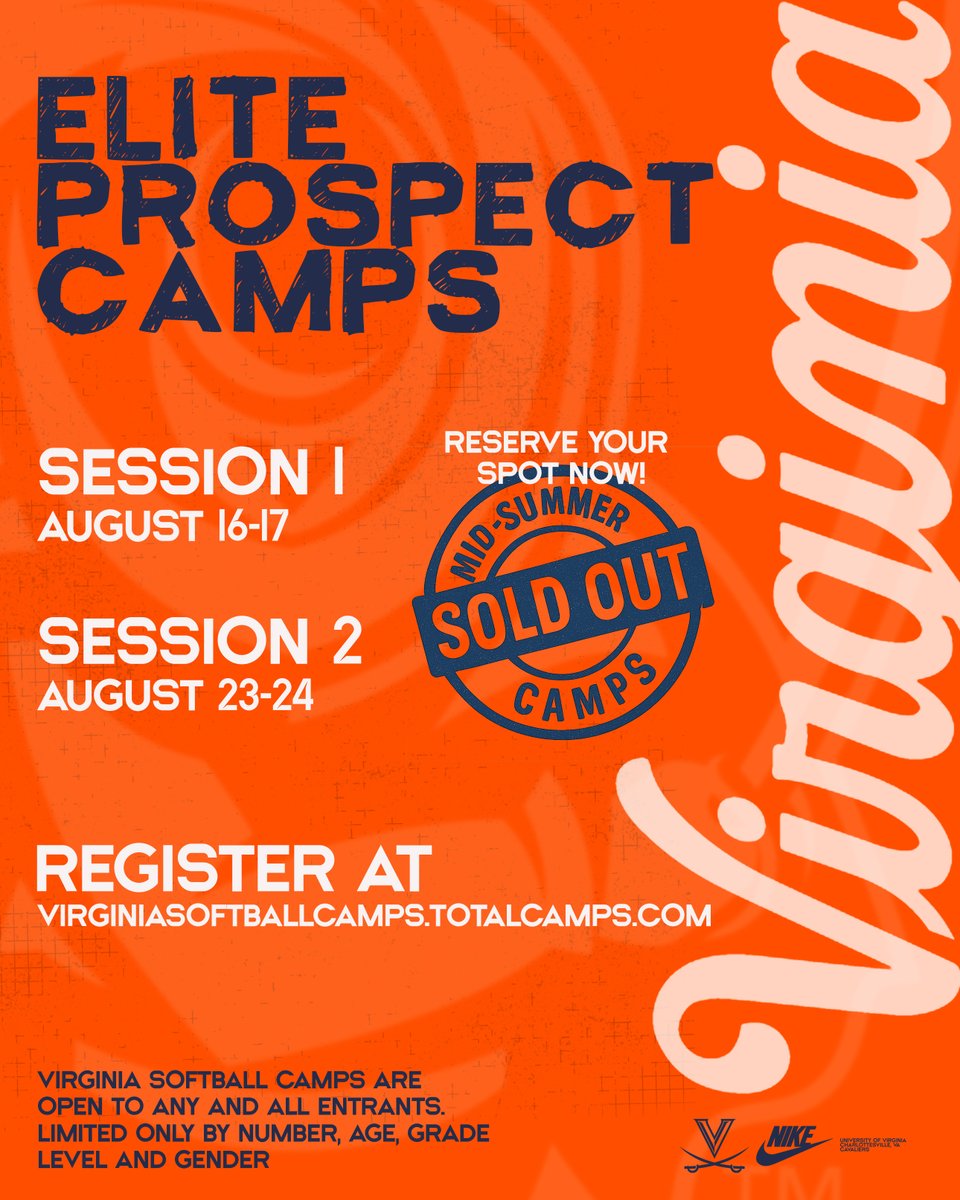 UVASoftball's tweet image. We have ✌️ prospect camps coming up!
Reserve your spot now as July camps SOLD OUT!
Register at: virginiasoftballcamps.totalcamps.com
#GoHoos | #HoosNext