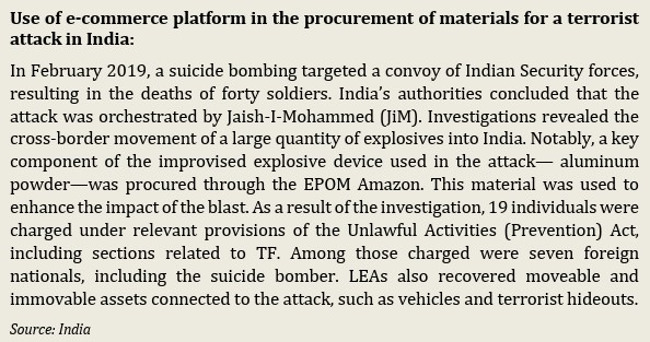 ethrelkeld's tweet image. FATF's latest report on terror financing notes that Pulwama attack planners obtained aluminum powder through Amazon, highlighting the exploitation of legitimate e-commerce platforms for acquiring dual-use materials as an emerging challenge in CT efforts.
fatf-gafi.org/en/publication…