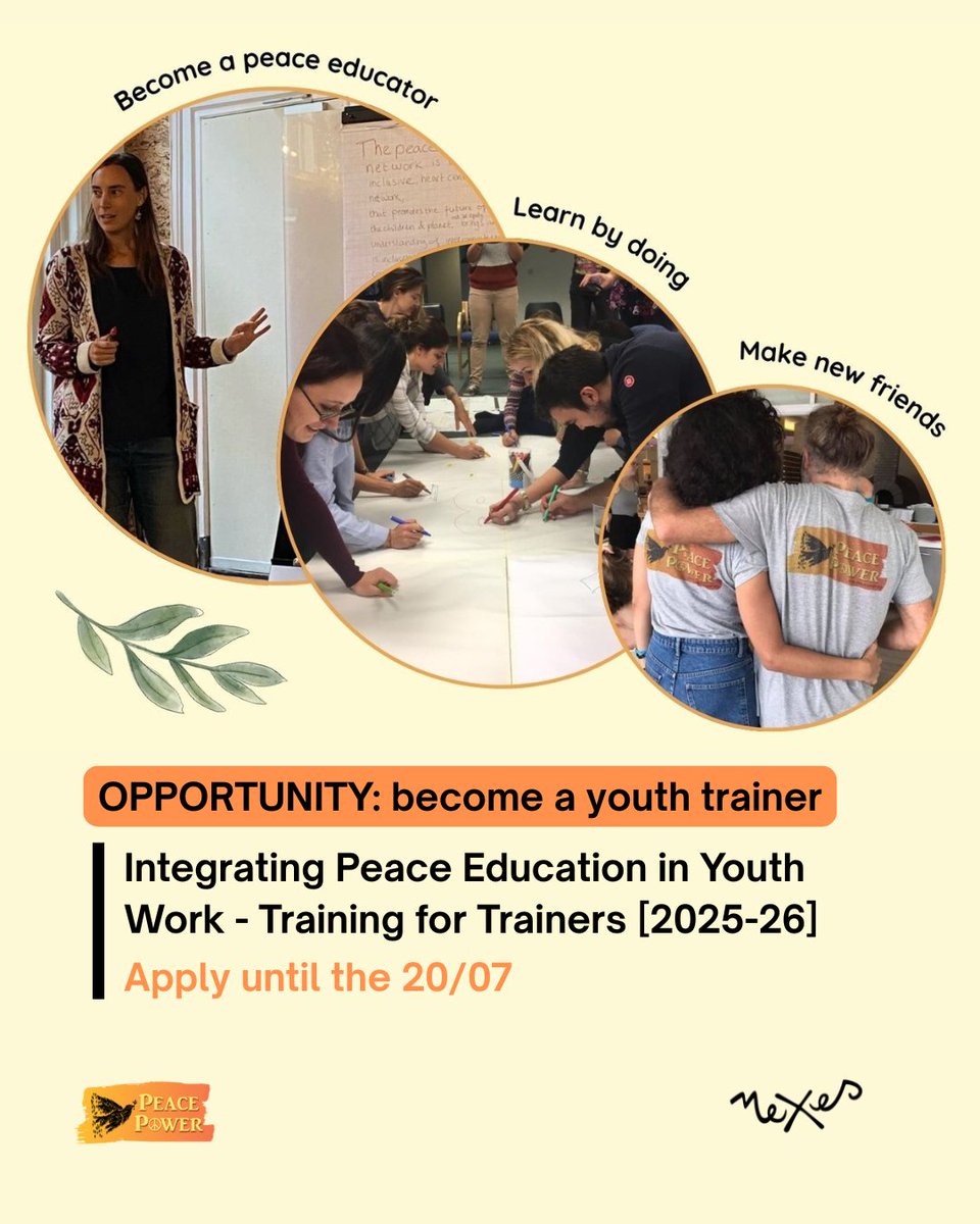 Nexes Interculturals (@nexescat) on Twitter photo 🌱In a period of 10 months, youth workers will be trained to provide peace education activities to youth. More info: peace-power.org/training-for-t…
Apply by writing to Nexes at info@nexescat.org & fill the form until 20/07: docs.google.com/forms/d/1qvFO3… 🌱In a period of 10 months, youth workers will be trained to provide peace education activities to youth. More info: peace-power.org/training-for-t…
Apply by writing to Nexes at info@nexescat.org & fill the form until 20/07: docs.google.com/forms/d/1qvFO3…