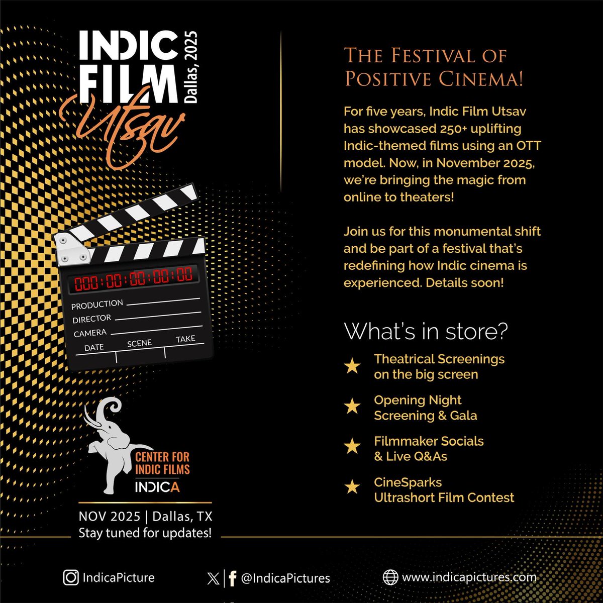 6th Indic Film Utsav – November 2025: A New Era Begins in Dallas!

The Festival of Positive Cinema!

Over the past five years, Indic Film Utsav has screened 250+ Indic-themed films with hope and positivity to audiences worldwide through an online platform. Now, as we step into