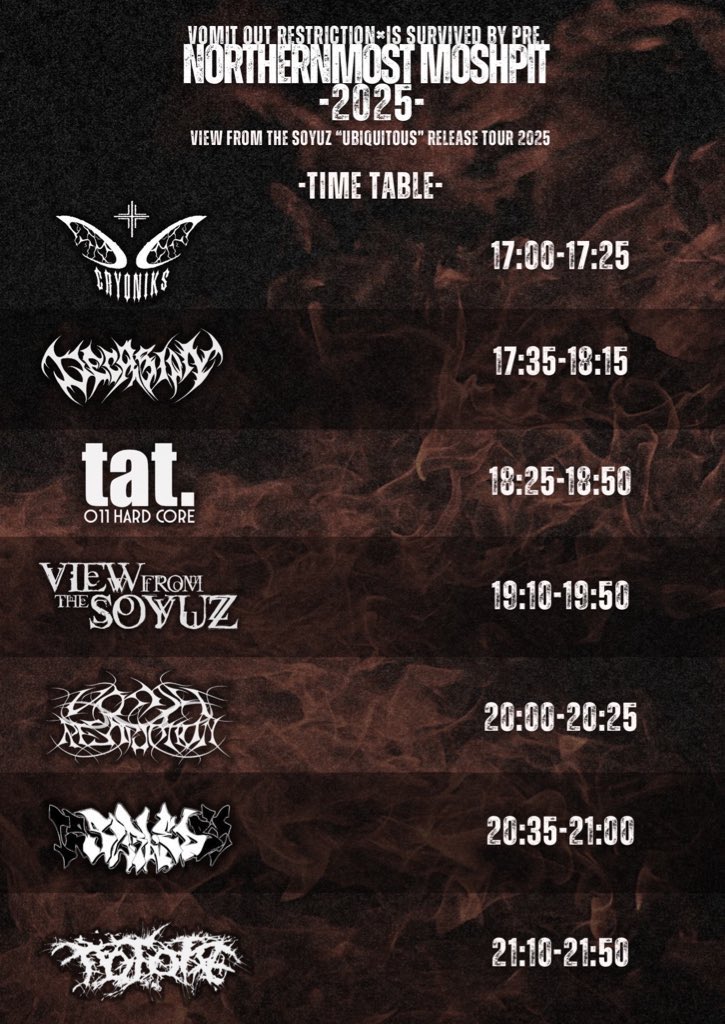 NORTHERNMOST MOSHPIT (@nmmp_official) on Twitter photo 🔥開催3日後🔥
2025.07.12(Sat.)<a href="/SPiCE_SAPPORO/">SPiCE SAPPORO|札幌SPiCE</a>
<a href="/VOR_JPNOFFICIAL/">VOMIT OUT RESTRICTION</a> & <a href="/isurviveby/">Is Survived By</a> pre.
"NORTHERNMOST MOSHPIT2025"
View From The Soyuz"Ubiquitous" Release Tour 2025
予約の動き早まってます!
チケット予約まだの方はお急ぎください!!
🎫 tiget.net/events/379788 🔥開催3日後🔥
2025.07.12(Sat.)<a href="/SPiCE_SAPPORO/">SPiCE SAPPORO|札幌SPiCE</a>
<a href="/VOR_JPNOFFICIAL/">VOMIT OUT RESTRICTION</a> & <a href="/isurviveby/">Is Survived By</a> pre.
"NORTHERNMOST MOSHPIT2025"
View From The Soyuz"Ubiquitous" Release Tour 2025
予約の動き早まってます!
チケット予約まだの方はお急ぎください!!
🎫 tiget.net/events/379788