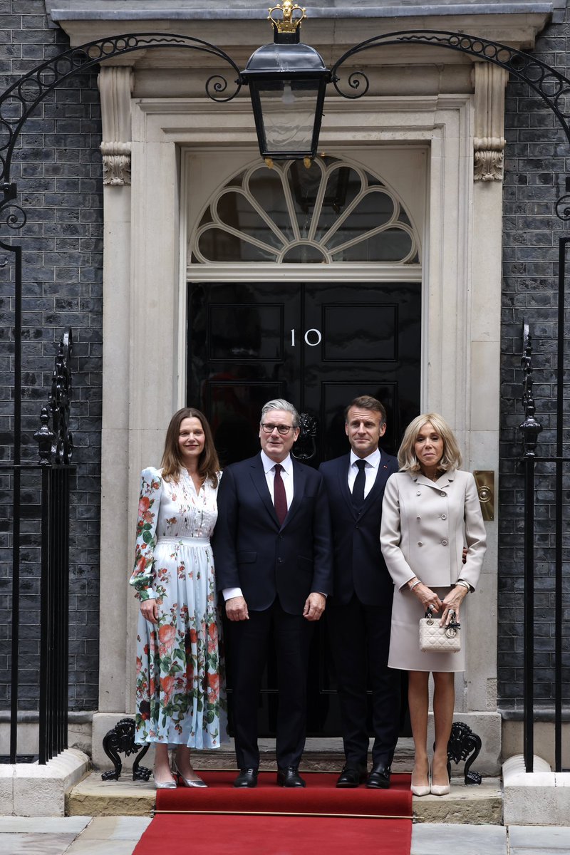 roycegraff's tweet photo. President Emmanuel Macron and First Lady Brigitte Macron arrived at 10 Downing Street today, where they were warmly welcomed by Prime Minister Sir Keir Starmer and his wife, Victoria Starmer. https://t.co/6PsfE9Um63