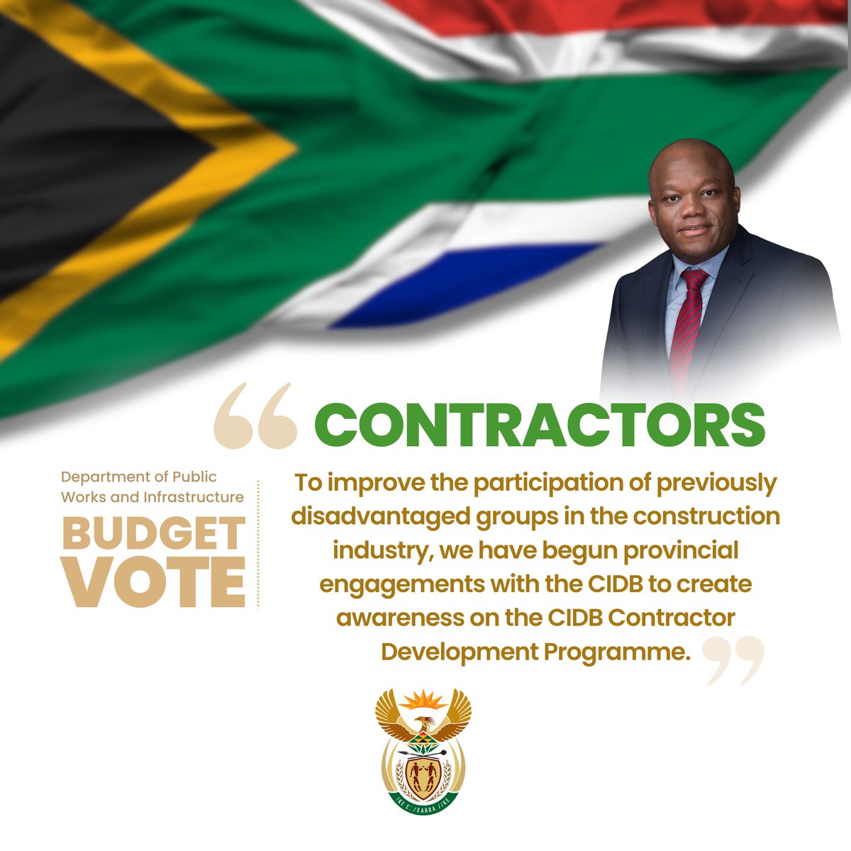 For the year ahead, R 100 million from the cidb's B.U.I.L.D Fund will be used to provide funding for emerging enterprises.

Emerging contractors will also be supported in terms of competence assessment and top-up training. 
#BudgetVote2025