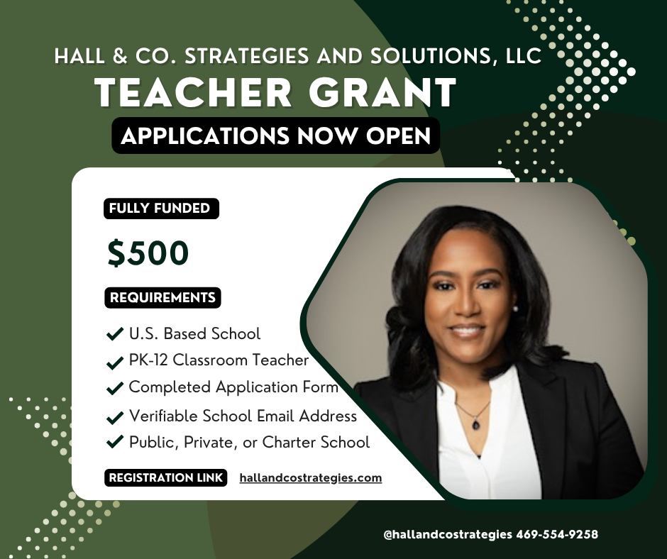 Head over to Hall &amp; Co. Strategies &amp; Solutions to apply for their $500 Hall Pass Grant.

Apply for a chance to receive a $500 grant for classroom supplies and teacher resources. Apply by Aug. 2nd. Open to US Prek-12 classroom teachers.

Apply here hallandcostrategies.com