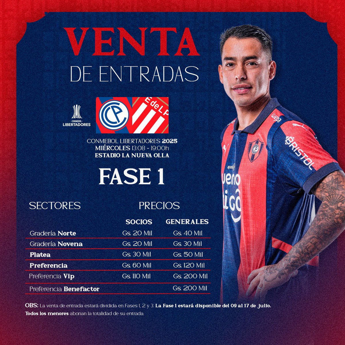 ✅ 𝙋𝙪𝙚𝙗𝙡𝙤 𝘼𝙯𝙪𝙡𝙜𝙧𝙖𝙣𝙖, informamos que esta habilitada la venta de entradas de la 𝐅𝐚𝐬𝐞 𝟏 para nuestro partido por los octavos de final en la <a href="/Libertadores/">CONMEBOL Libertadores</a>.

⚽ Cerro Porteño 🆚 Estudiantes 

📆 Miércoles 13/08
🕒 19:00
🏟️ Estadio La Nueva Olla

📲 Adquirí tus
