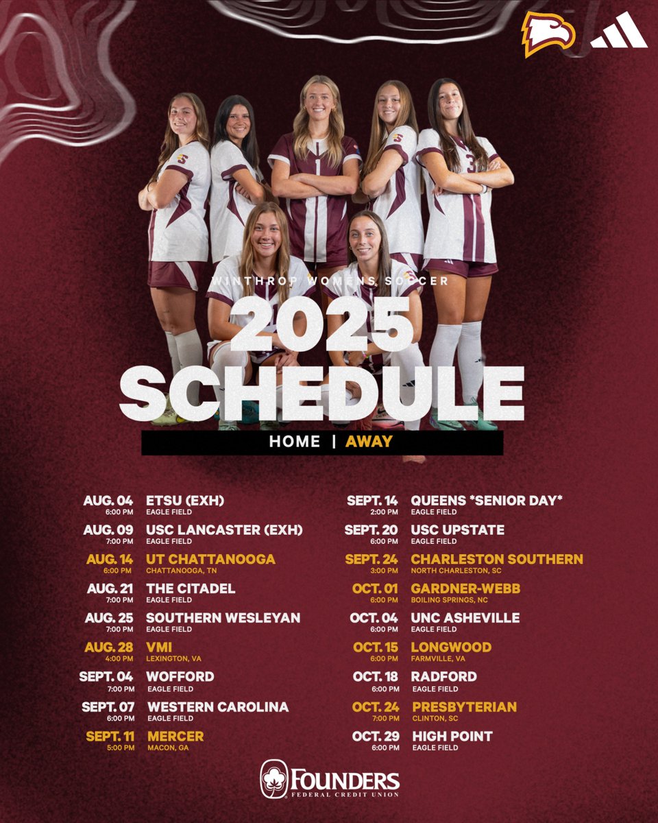 𝟮𝟬𝟮𝟱 𝗦𝗹𝗮𝘁𝗲 𝗜𝘀 𝗦𝗲𝘁❗️

𝘊𝘢𝘯'𝘵 𝘸𝘢𝘪𝘵 𝘵𝘰 𝘴𝘦𝘦 𝘺𝘰𝘶 𝘢𝘵 𝘌𝘢𝘨𝘭𝘦 𝘍𝘪𝘦𝘭𝘥 𝘵𝘩𝘪𝘴 𝘴𝘦𝘢𝘴𝘰𝘯🎆
🔗bit.ly/4lo4QEM

#ROCKtheHILL | #BigSouthWSOC