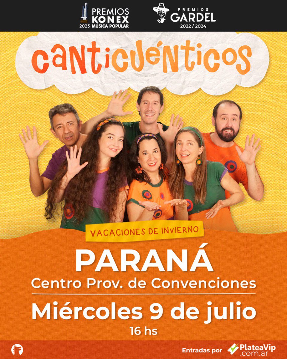 Hoy celebramos el Dia de la Independencia cantando, bailando y disfrutando en Paraná 🇦🇷
Los y las esperamos a las 16hs en el Centro Provincial de Convenciones 🤗

🎟️ Entradas 👉🏼 plateavip.com.ar/Canticuenticos…
