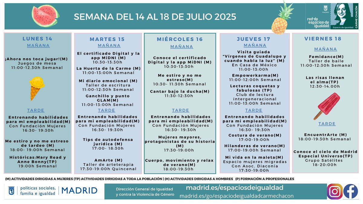 Hortaleza Periódico (@hortalezapv) on Twitter photo Programación semanal del Espacio de Igualdad Carme Chacón 😉
Clubes de lectura, talleres, asesorías, espacio de autocuidado, juegos de mesa y sesiones de cine, entre otras actividades
+INFO 📞 915883964 o 📩 carmechacon2@madrid.es Programación semanal del Espacio de Igualdad Carme Chacón 😉
Clubes de lectura, talleres, asesorías, espacio de autocuidado, juegos de mesa y sesiones de cine, entre otras actividades
+INFO 📞 915883964 o 📩 carmechacon2@madrid.es