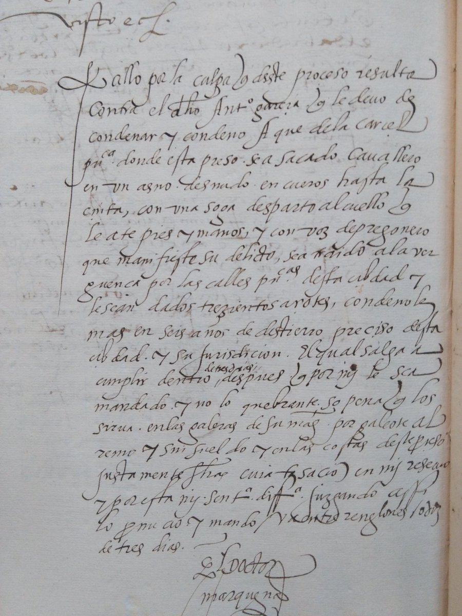 almudenasm_'s tweet image. Esta es una sentencia por violación, del año 1560.
El condenado, que estaba preso, sería montado en un asno 'desnudo, en cueros, hasta la çinta, con una soga desparto al cuello'.
Le darían 300 azotes y si quebrantaba la condena de destierro iría a galeras.