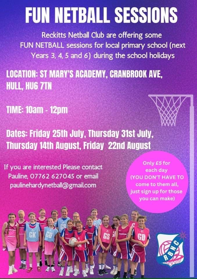 Looking for something for your kids to do during the Summer holidays? Please see below opportunities to learn how to play netball, have some fun and make new friends!